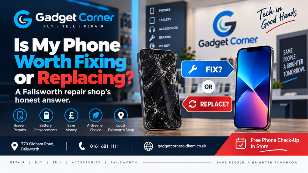 Is my phone worth fixing or replacing? Cracked phone and new smartphone compared by Gadget Corner in Failsworth