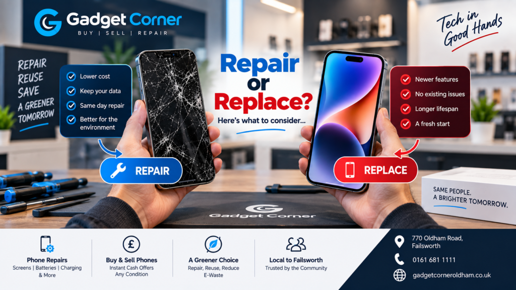 Phone repair or replacement comparison showing a cracked phone and new smartphone at Gadget Corner Failsworth
